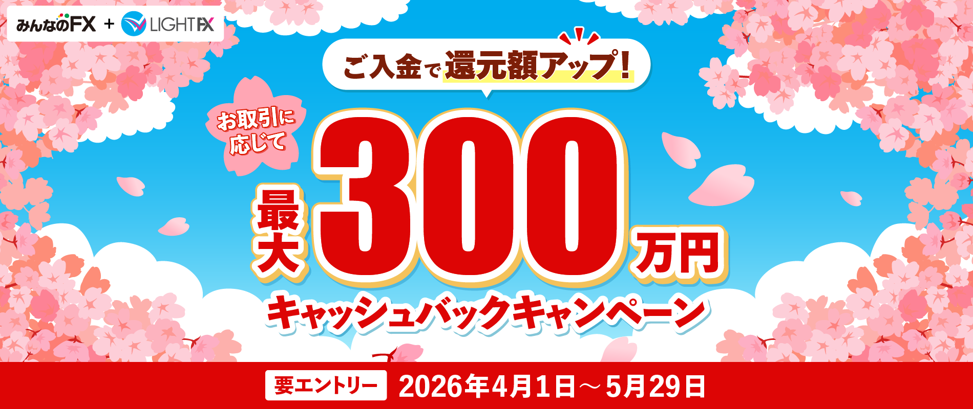 ご入金・お取引に応じて最大300万円キャッシュバックキャンペーン